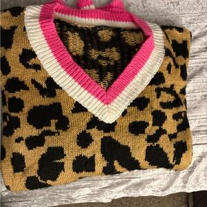 V-Neck Leopard Sweater with Pink and White Accents